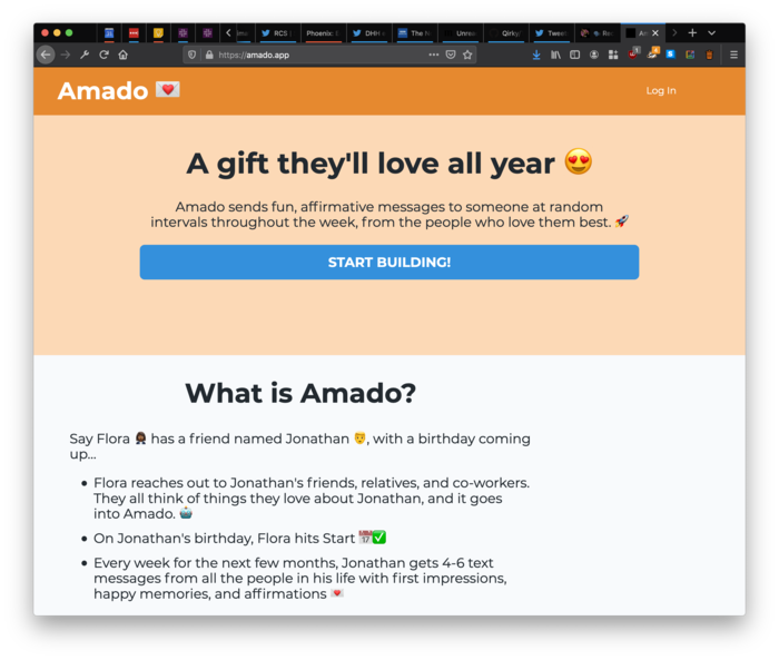 Screenshot of Amado's homepage.
