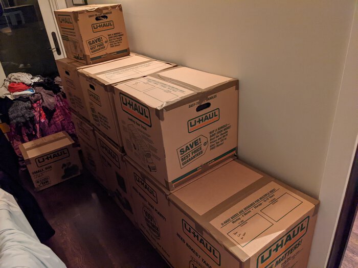 Boxes in a hallway, moving out. Click for full size.